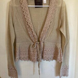 Vintage Anthropologie Crochet Cardigan, tie front, Beige MED